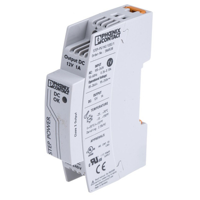 Phoenix Contact STEP-PS/1AC/12DC/1 Switch Mode DIN Rail Power Supply, 85 → 264V ac ac Input, 12V dc dc Output,