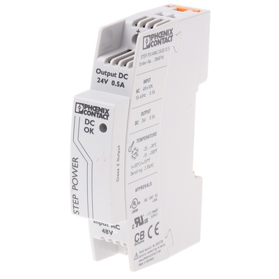 Phoenix Contact STEP-PS/48AC/24DC/0.5 Switch Mode DIN Rail Power Supply, 48V ac ac, dc Input, 24V dc dc Output, 500mA