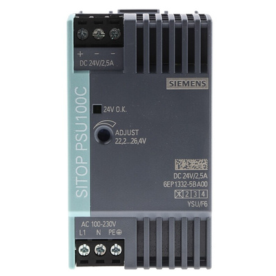 Siemens SITOP PSU100C Switch Mode DIN Rail Power Supply, 85 → 264V ac ac, dc Input, 24V dc dc Output, 2.5A