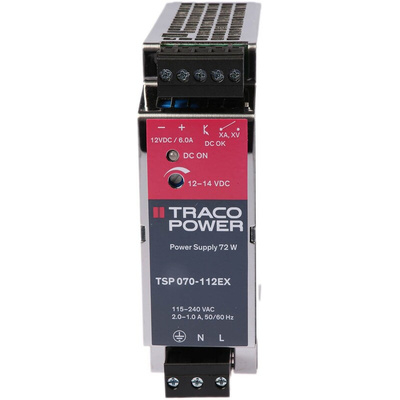 TRACOPOWER TSP Switch Mode DIN Rail Power Supply, 85 → 264V ac ac Input, 12V dc dc Output, 6A Output, 72W