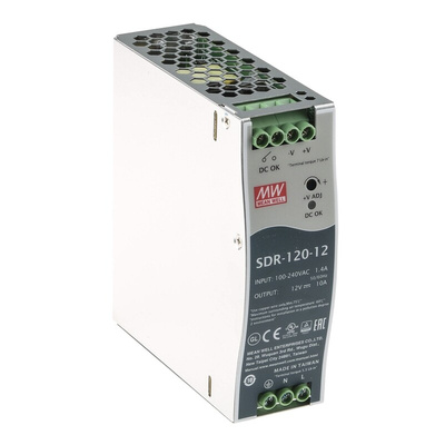 MEAN WELL SDR Switch Mode DIN Rail Power Supply, 88 → 264V ac ac Input, 12V dc dc Output, 10A Output, 120W