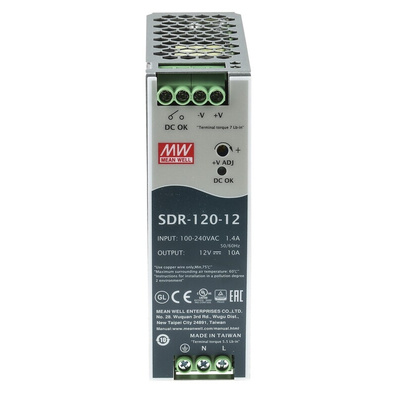 MEAN WELL SDR Switch Mode DIN Rail Power Supply, 88 → 264V ac ac Input, 12V dc dc Output, 10A Output, 120W