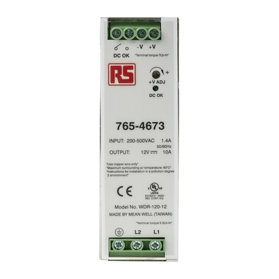 MEAN WELL WDR Switch Mode DIN Rail Power Supply, 180 → 550V ac ac Input, 12V dc dc Output, 10A Output, 120W