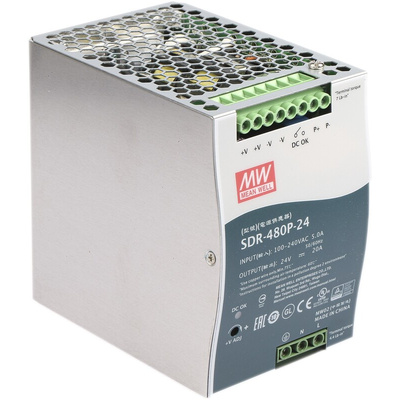 MEAN WELL SDR Switch Mode DIN Rail Power Supply, 88 → 264V ac ac Input, 24V dc dc Output, 20A Output, 480W