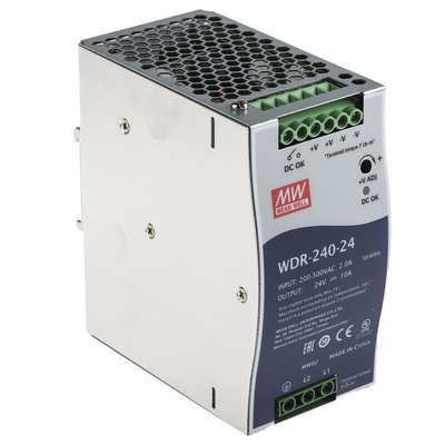 MEAN WELL WDR Switch Mode DIN Rail Power Supply, 180 → 550V ac ac Input, 24V dc dc Output, 10A Output, 240W