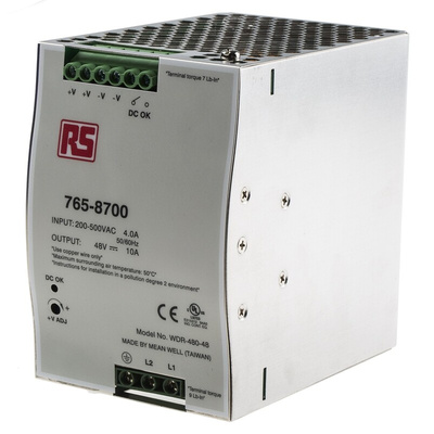 MEAN WELL WDR Switch Mode DIN Rail Power Supply, 180 → 550V ac ac Input, 48V dc dc Output, 10A Output, 480W