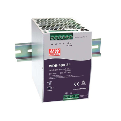 MEAN WELL WDR Switch Mode DIN Rail Power Supply, 180 → 550V ac ac Input, 48V dc dc Output, 10A Output, 480W