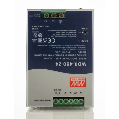 MEAN WELL WDR Switch Mode DIN Rail Power Supply, 180 → 550V ac ac Input, 24V dc dc Output, 20A Output, 480W