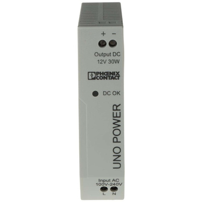 Phoenix Contact UNO-PS/1AC/12DC/30W Switch Mode DIN Rail Power Supply, 85 → 264V ac ac Input, 12V dc dc Output,