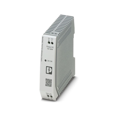 Phoenix Contact UNO-PS/1AC/12DC/30W Switch Mode DIN Rail Power Supply, 85 → 264V ac ac Input, 12V dc dc Output,