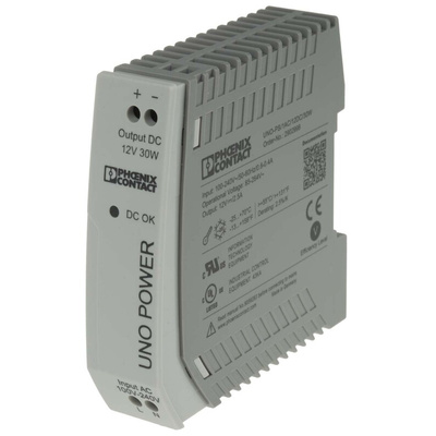 Phoenix Contact UNO-PS/1AC/12DC/30W Switch Mode DIN Rail Power Supply, 85 → 264V ac ac Input, 12V dc dc Output,