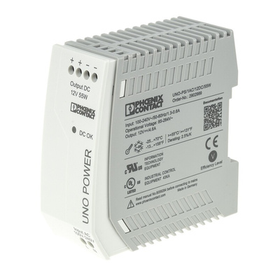 Phoenix Contact UNO-PS/1AC/12DC/55W Switch Mode DIN Rail Power Supply, 85 → 264V ac ac Input, 12V dc dc Output,