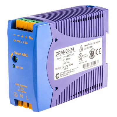 Chinfa DRAN60 Switch Mode DIN Rail Power Supply, 85 → 264V ac ac Input, 24V dc dc Output, 2.5A Output, 60W