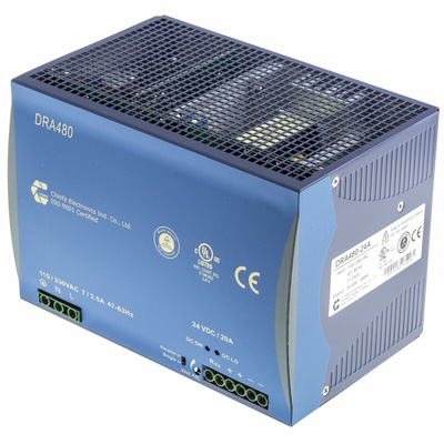 Chinfa DRA480 DIN Rail Power Supply, 90 → 264V ac ac Input, 24V dc dc Output, 20A Output, 480W