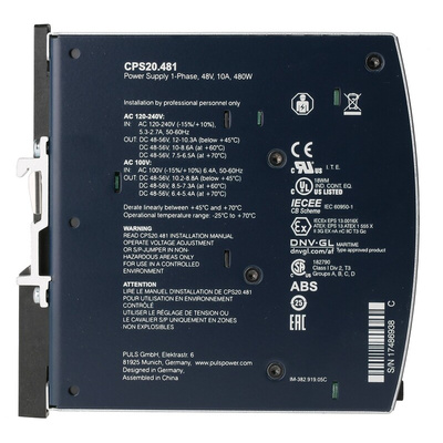 PULS DIMENSION C-Line Switch Mode DIN Rail Power Supply, 100 → 240V ac ac Input, 48V dc dc Output, 10A Output,