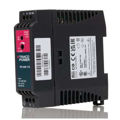 TRACOPOWER TPC DIN Rail Power Supply, 85 → 264 V ac, 90 → 375 V dc ac, dc Input, 12V dc dc Output, 2.2A
