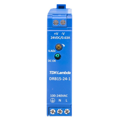 TDK-Lambda DRB Switch Mode DIN Rail Power Supply, 85 → 264V ac ac Input, 24V dc dc Output, 630mA Output, 15W
