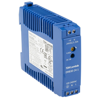 TDK-Lambda DRB Switch Mode DIN Rail Power Supply, 85 → 264V ac ac Input, 24V dc dc Output, 1.25A Output, 30W