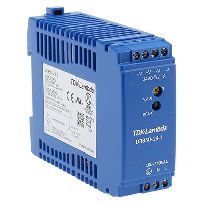 TDK-Lambda DRB Switch Mode DIN Rail Power Supply, 85 → 264V ac ac Input, 24V dc dc Output, 2.1A Output, 50W