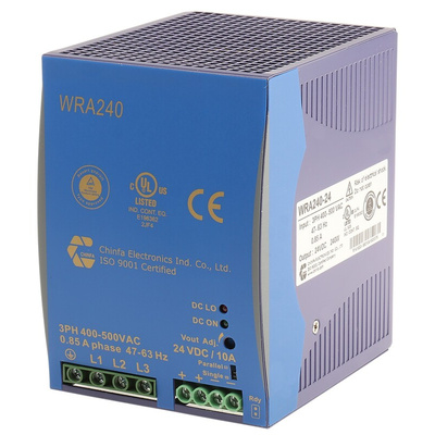 Chinfa WRA 240 DIN Rail Power Supply, 400V ac ac Input, 24V dc dc Output, 10A Output, 240W