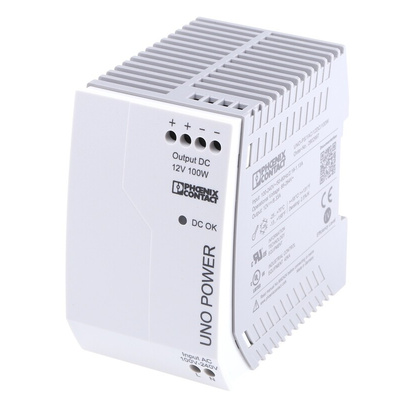 Phoenix Contact UNO-PS/1AC/12DC/100W Switch Mode DIN Rail Power Supply, 85 → 264V ac ac Input, 12V dc dc Output,