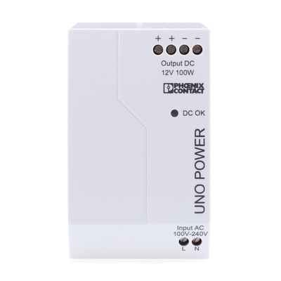 Phoenix Contact UNO-PS/1AC/12DC/100W Switch Mode DIN Rail Power Supply, 85 → 264V ac ac Input, 12V dc dc Output,