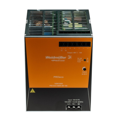Weidmuller PRO ECO DIN Rail Power Supply, 85 → 264V ac ac, dc Input, 48V dc dc Output, 10A Output, 480W