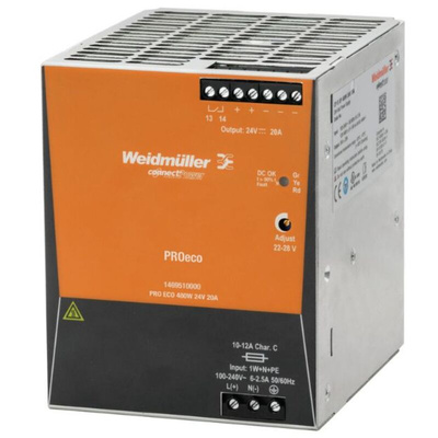Weidmuller PRO ECO DIN Rail Power Supply, 85 → 264V ac ac, dc Input, 48V dc dc Output, 10A Output, 480W