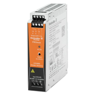 Weidmuller PRO MAX DIN Rail Power Supply, 85 → 277V ac ac, dc Input, 24V dc dc Output, 3A Output, 72W