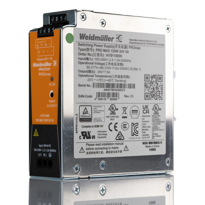 Weidmuller PRO MAX Switch Mode DIN Rail Power Supply, 85 → 277V ac ac, dc Input, 24V dc dc Output, 5A Output,