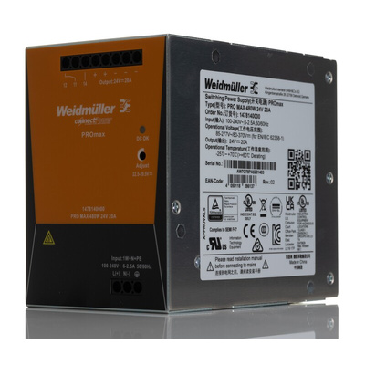Weidmuller PRO MAX Power DIN Rail Power Supply, 85 → 277V ac ac, dc Input, 24V dc dc Output, 20A Output, 480W