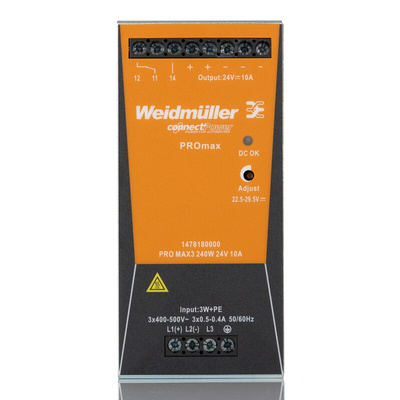 Weidmüller PRO MAX Switch Mode DIN Rail Power Supply, 320 → 575V ac ac, dc Input, 24V dc dc Output, 10A Output,