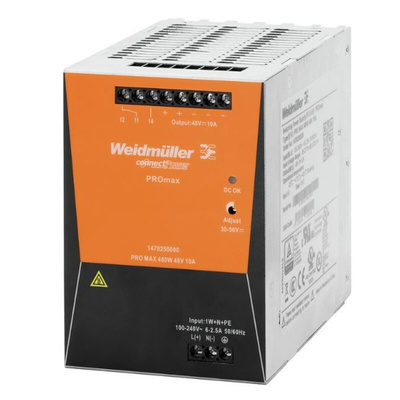 Weidmuller PRO MAX Switch Mode DIN Rail Power Supply, 320 → 575V ac ac, dc Input, 24V dc dc Output, 20A Output,