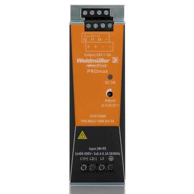 Weidmuller PRO MAX Switch Mode DIN Rail Power Supply, 320 → 575V ac ac, dc Input, 24V dc dc Output, 5A Output,