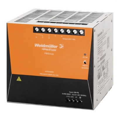 Weidmuller PRO MAX Switch Mode DIN Rail Power Supply, 320 → 575V ac ac, dc Input, 24V dc dc Output, 40A Output,