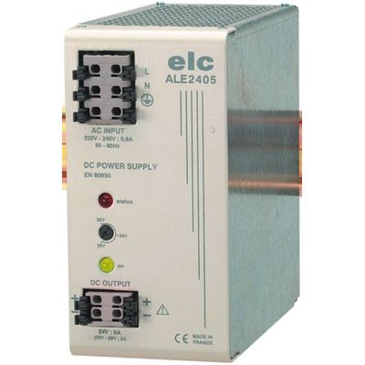 ELC ALE Linear DIN Rail Power Supply, 190 → 253V ac ac Input, 24V dc dc Output, 5A Output, 120W