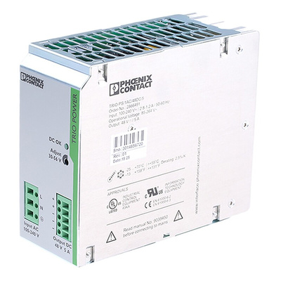 Phoenix Contact TRIO-PS/1AC/48DC/5 Switch Mode DIN Rail Power Supply, 85 → 264V ac ac Input, 48V dc dc Output,