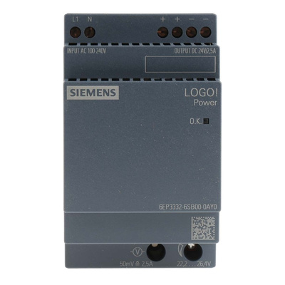 Siemens LOGO!POWER Switch Mode DIN Rail Power Supply, 100 → 240V ac ac Input, 24V dc dc Output, 2.5A Output, 60W