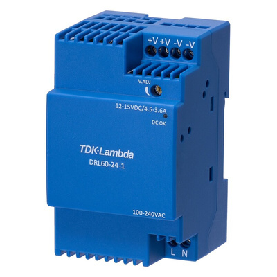 TDK-Lambda DRL-60 Switch Mode DIN Rail Power Supply, 85 → 264V ac ac Input, 12V dc dc Output, 4A Output, 60W