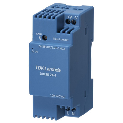 TDK-Lambda DRL-30 Switch Mode DIN Rail Power Supply, 85 → 264V ac ac Input, 24V dc dc Output, 1.25A Output, 30W