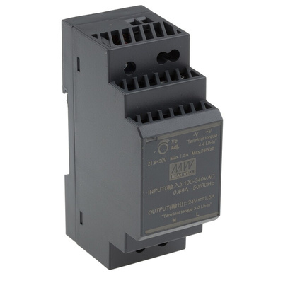 MEAN WELL HDR Switch Mode DIN Rail Power Supply, 120 → 370 V dc, 85 → 264 V ac, 24V dc dc Output, 1.5A