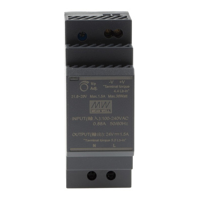 MEAN WELL HDR Switch Mode DIN Rail Power Supply, 120 → 370 V dc, 85 → 264 V ac, 24V dc dc Output, 1.5A