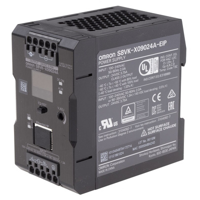 Omron S8VK-X Switch Mode DIN Rail Power Supply, 230V ac ac, dc Input, 24V dc dc Output, 3.75A Output, 90W