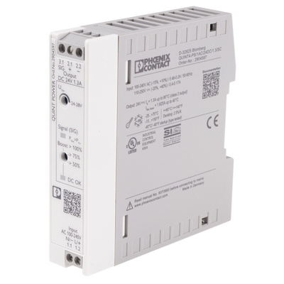 Phoenix Contact QUINT4-PS/1AC/24DC/1.3/SC Switch Mode DIN Rail Power Supply, 230V ac ac, dc Input, 24V dc dc Output,