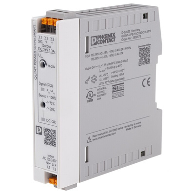Phoenix Contact QUINT4-PS/1AC/24DC/1.3/PT Switch Mode DIN Rail Power Supply, 230V ac ac, dc Input, 24V dc dc Output,