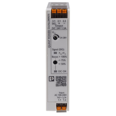 Phoenix Contact QUINT4-PS/1AC/24DC/1.3/PT Switch Mode DIN Rail Power Supply, 230V ac ac, dc Input, 24V dc dc Output,