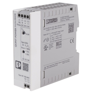 Phoenix Contact QUINT4-PS/1AC/24DC/2.5/SC Switch Mode DIN Rail Power Supply, 230V ac ac, dc Input, 24V dc dc Output,