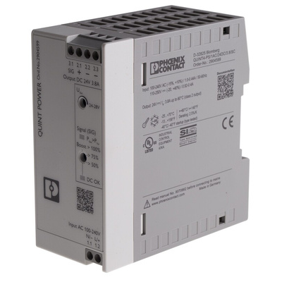 Phoenix Contact QUINT4-PS/1AC/24DC/3.8/SC Switch Mode DIN Rail Power Supply, 230V ac ac, dc Input, 24V dc dc Output,