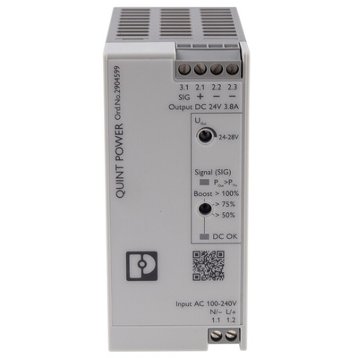 Phoenix Contact QUINT4-PS/1AC/24DC/3.8/SC Switch Mode DIN Rail Power Supply, 230V ac ac, dc Input, 24V dc dc Output,
