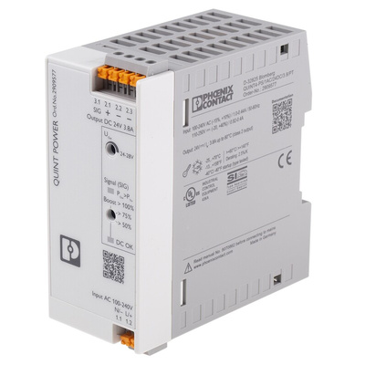 Phoenix Contact QUINT4-PS/1AC/24DC/3.8/PT Switch Mode DIN Rail Power Supply, 230V ac ac, dc Input, 24V dc dc Output,